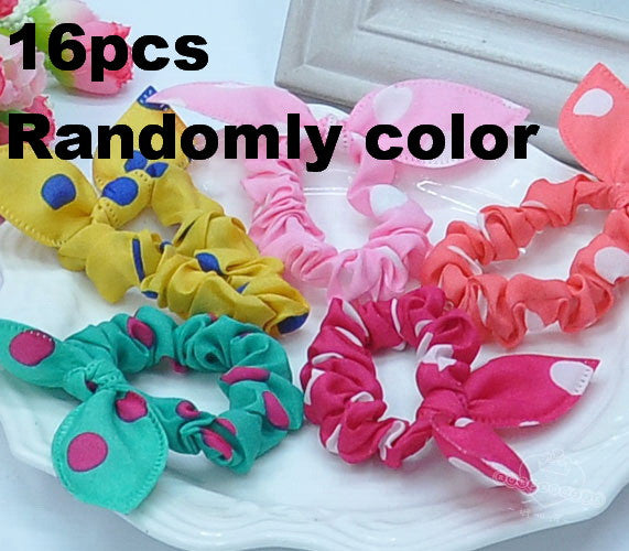 TS 16pcs Cute bunny girl flower hair clip headbands ears dot chiffon headwear wild elastic hair band hair rope ornaments