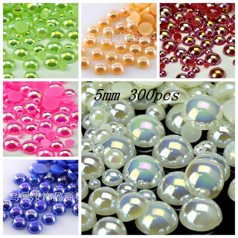 Free Shipping 300Pcs/lot  5mm AB Colors Craft ABS Imitation Pearls Half Round Flatback Pearls Resin Scrapbook Beads Decorate Diy