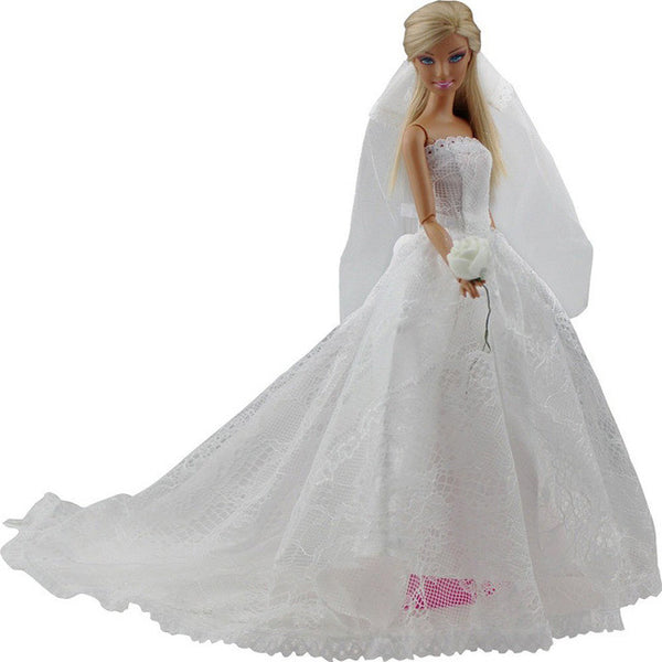 Elegant White Princess Evening Party Clothes Wears Long Dress Outfit Set for Barbie Doll with Veil Accessories Best Toys For Kid