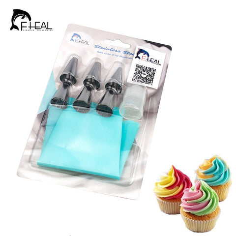 DIY Silicone Icing Piping Cream Pastry Bag With 6pcs Stainless Steel Cake Decorating Nozzles Tool Bakeware 7pcs/set