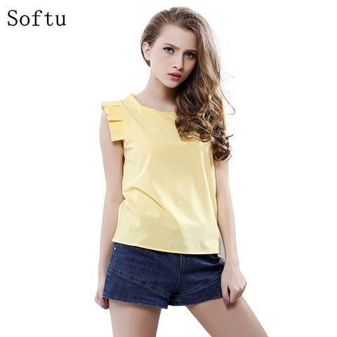 Softu Fashion Women Summer Blouse O-Neck Butterfly Sleeve Solid Shirt  Elegant Leisure Chiffon Blouses
