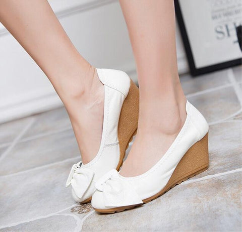 2016 Fashion Women Wedge Shoes Genuine Leather Round toe High Heels Pumps Woman Mom Shoes