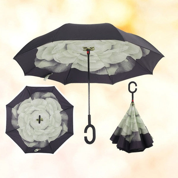 Semi-automatic Windproof Reverse Folding Umbrella Double Layer Inverted Self Stand Out Rain Gear C-Type Handle Hot Sale