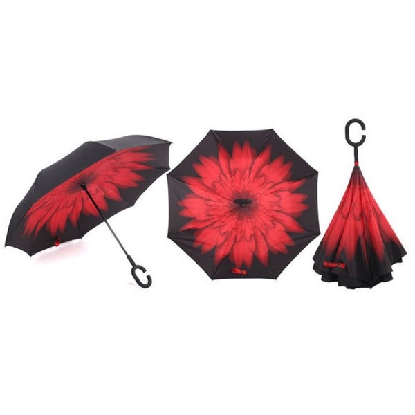 Semi-automatic Windproof Reverse Folding Umbrella Double Layer Inverted Self Stand Out Rain Gear C-Type Handle Hot Sale