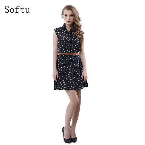 Softu Hot Sale Women's Fashion Summer Casual Shirts Dress Sleeveless Tank Knee Length A Line Dress Cat Printed Dresses With Belt