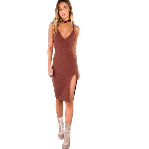 COLROVIE Sexy Bodycon Party Dress Women Brown V Neck Side Split Slim Summer Cami Dresses 2017 Fashion Elegant Club Midi Dress