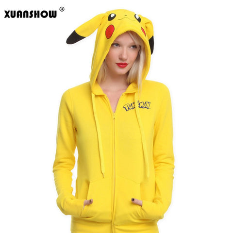2017 Fashion Women Jacket Yellow Solid Pokemon Pikachu Printed Costume Tail Zip Totoro Hoodie Sweatshirt Sudaderas Mujer
