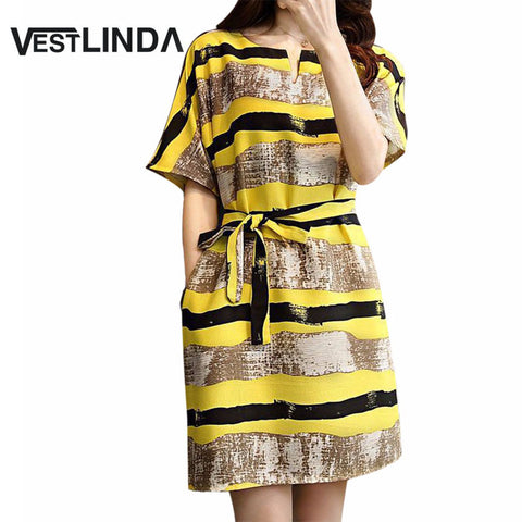 VESTLINDA 2017 Style Summer Sundress Woman Loose Big Yards Yellow Stripper Dress Home Short Sleeve New Casual Dresses with Belt