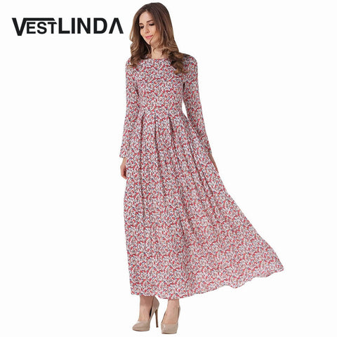 VESTLINDA Floral Print Maxi Dress Women Long Dresses Draped Ankle Length Robe Femme Vestidos Long Sleeve Autumn Vintage Dress