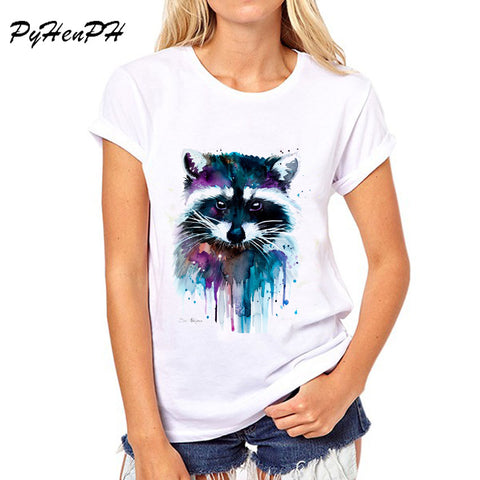 PyHenPH New 2017 T shirt for women Raccoon O-neck short sleeved women T-shirt Fashion design Tops