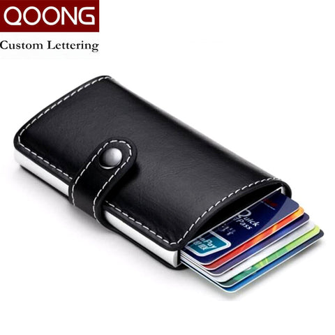 QOONG Travel Card Wallet Multi-function Automatic Pop Up Credit Card Holder Men Women Business Aluminum Leather Card Case 1-004