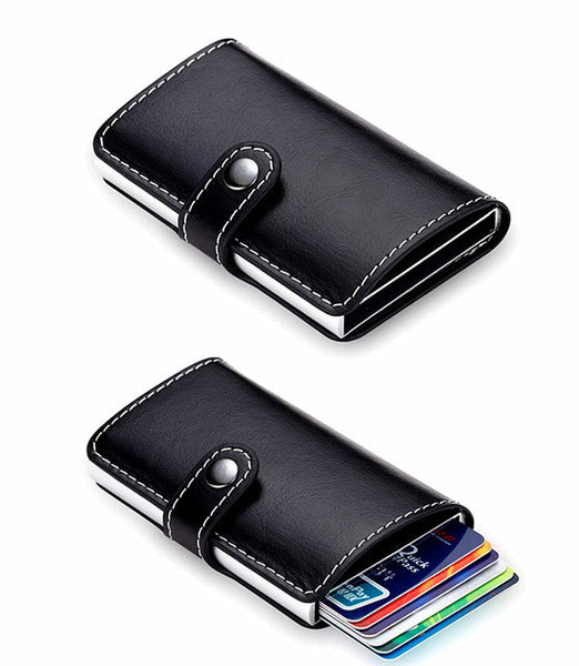 QOONG Travel Card Wallet Multi-function Automatic Pop Up Credit Card Holder Men Women Business Aluminum Leather Card Case 1-004