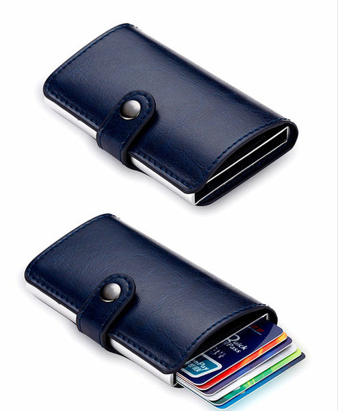 QOONG Travel Card Wallet Multi-function Automatic Pop Up Credit Card Holder Men Women Business Aluminum Leather Card Case 1-004