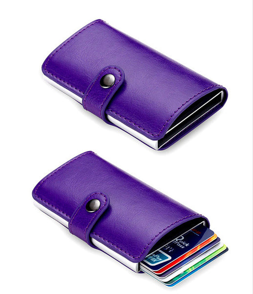 QOONG Travel Card Wallet Multi-function Automatic Pop Up Credit Card Holder Men Women Business Aluminum Leather Card Case 1-004