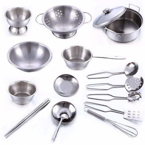 16Pcs Stainless Steel Kids House Kitchen Toy Cooking Cookware Children Pretend Play Kitchen Playset - Silver Toys For Children