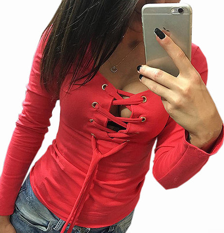 2017 Bottoming Shirt Spring Long Sleeve Lace Up Tops Ladies Casual Shirts Fashion Slim Bandage Shirts Blusas Women Tops LX068