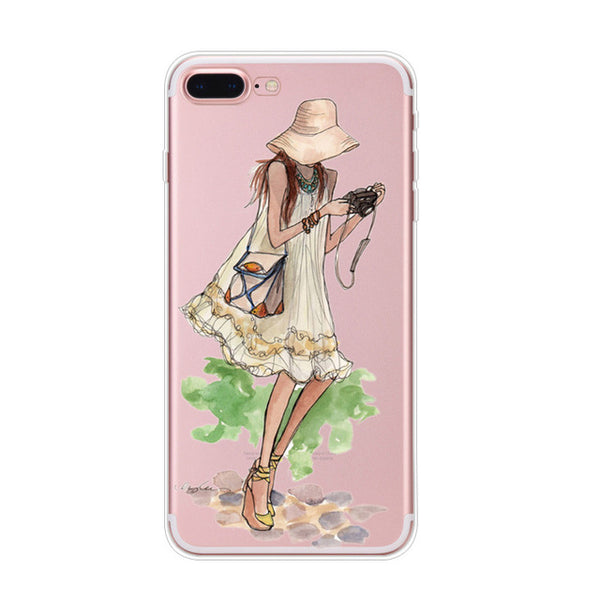 For Apple iPhone 7 6 6s 5 5s SE Plus Phone Cases Cute Transparent Beautiful Travel Girl Soft TPU Phone Back Cover Capa Coque