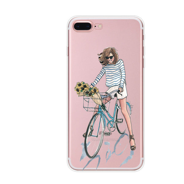 For Apple iPhone 7 6 6s 5 5s SE Plus Phone Cases Cute Transparent Beautiful Travel Girl Soft TPU Phone Back Cover Capa Coque