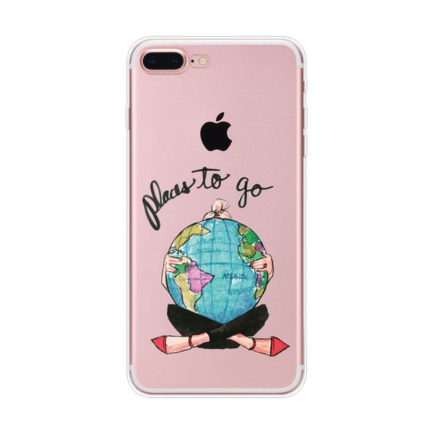 For Apple iPhone 7 6 6s 5 5s SE Plus Phone Cases Cute Transparent Beautiful Travel Girl Soft TPU Phone Back Cover Capa Coque