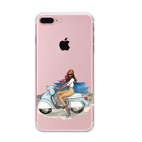 For Apple iPhone 7 6 6s 5 5s SE Plus Phone Cases Cute Transparent Beautiful Travel Girl Soft TPU Phone Back Cover Capa Coque