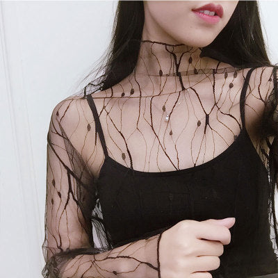 Sexy Hollow Out Women Mesh Tops New 2017 Korean Fashion Blouse Shirt Lace Mesh Undershirt Transparent Spring Basic Tops Blusas