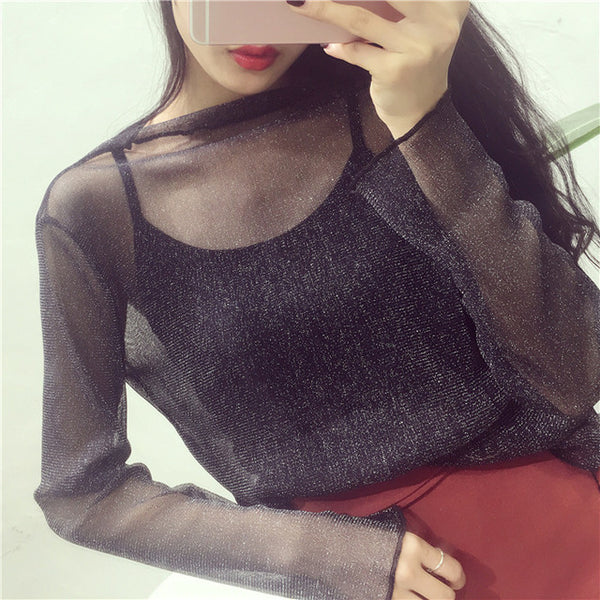 Sexy Hollow Out Women Mesh Tops New 2017 Korean Fashion Blouse Shirt Lace Mesh Undershirt Transparent Spring Basic Tops Blusas