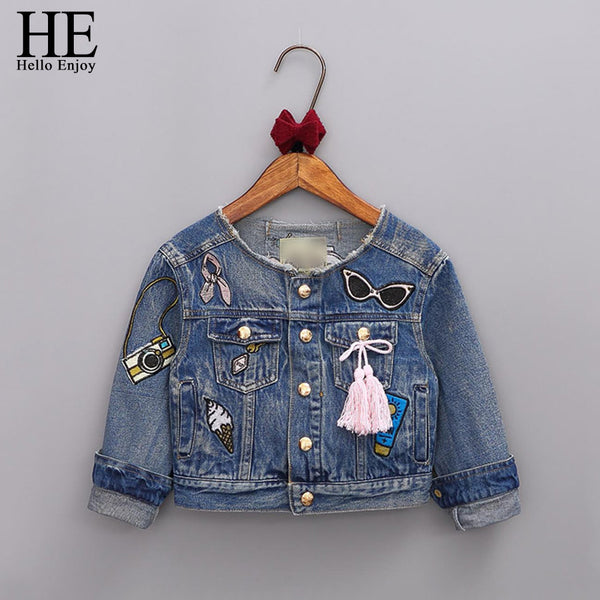 HE Hello Enjoy Girls Clothes 2017 girls coat autumn children jackets Long sleeves Denim embroidery jacket coat girl clothing