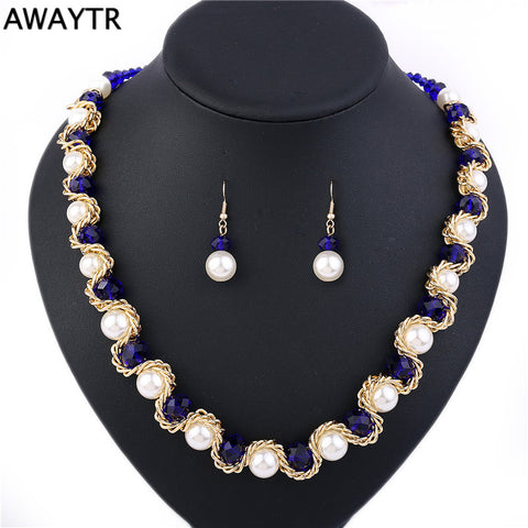 AWAYTR 2017 Elegant Women Crystal Pearl Jewelry Set New Costume Simulated-pearl Necklace Earrings Jewelry Sets For Wedding Gift