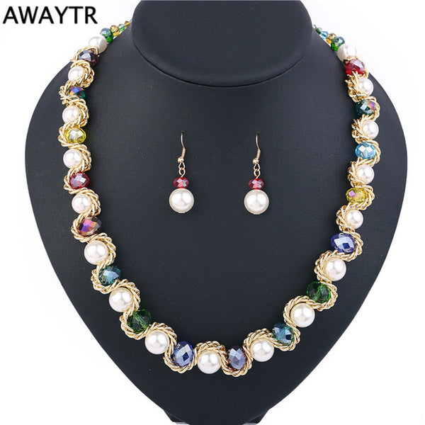 AWAYTR 2017 Elegant Women Crystal Pearl Jewelry Set New Costume Simulated-pearl Necklace Earrings Jewelry Sets For Wedding Gift