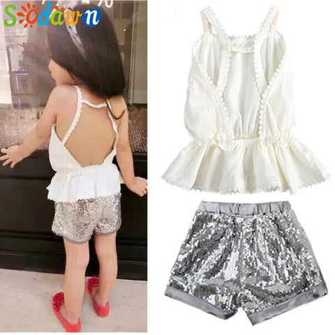 Grils Clothes 2016 Fashion Summer Style Boy Clothing Sets Condole Top + Sequins Shorts Shiny Suit  Kids Clothing Sets