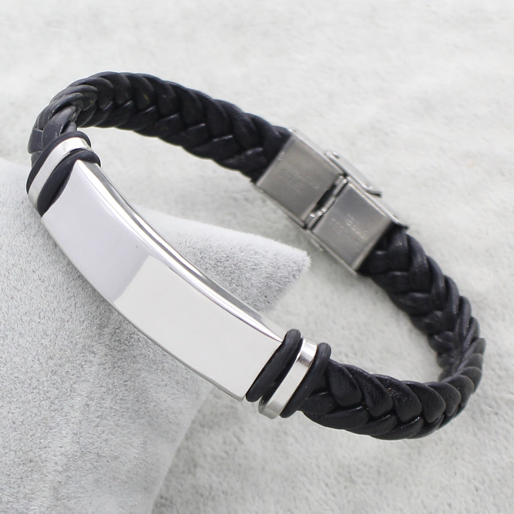 Hot Sale Punk Women Man Simple Steel Color ID Charm Stainless Steel Jewelry Bracelet Black Braid PU Leather Bracelet Bangles