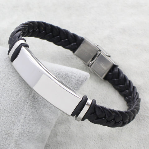 Hot Sale Punk Women Man Simple Steel Color ID Charm Stainless Steel Jewelry Bracelet Black Braid PU Leather Bracelet Bangles