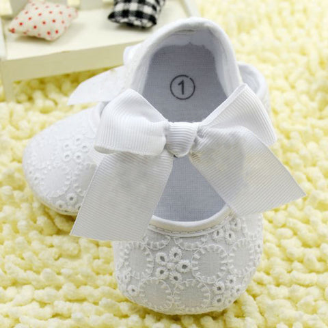 White Bowknot Baby Girl Lace Shoes Toddler Prewalker Anti-Slip First Walker Simple Baby Shoes