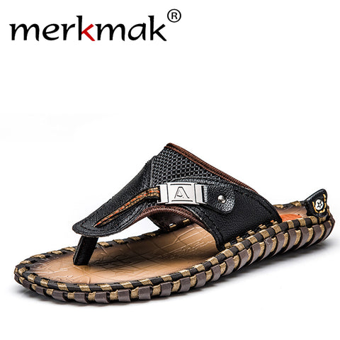 Merkmak Luxury Brand 2017 New Men's Flip Flops Genuine Leather Slippers Summer Fashion Beach Sandals Shoes For Men Big Size 45
