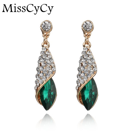 Fashion Brand Alloy Gold Colors Statement Austria Blue Crystal Long Earrings Rhinestone Water Drop Elegant Earring Jewelry