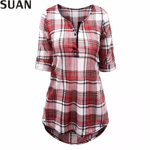 SUAN 2017 Fashion Womens Blouses Pretty Women With Pockets V-Neck AAAAA Cotton Women's Clothing Blouses & Shirts Checked Shirt