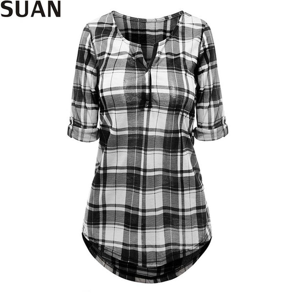 SUAN 2017 Fashion Womens Blouses Pretty Women With Pockets V-Neck AAAAA Cotton Women's Clothing Blouses & Shirts Checked Shirt