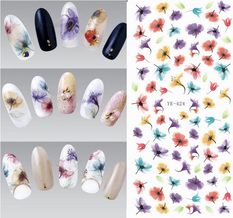 Water Transfer Nails Art Sticker Colorful Purple Fantacy Flowers Nail Stickers Wraps Foil Sticker manicure YE423-425