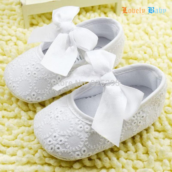 White Bowknot Baby Girl Lace Shoes Toddler Prewalker Anti-Slip Shoe Simple Baby Shoes