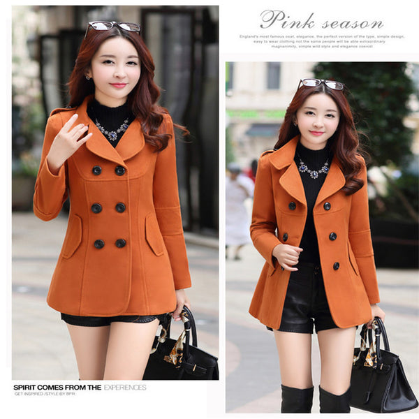 WKOUD Women Woolen Coats Winter Trench Coat Fashion Solid Double Breasted Overcoat Turn-down Collar Slim Outerwear C8103