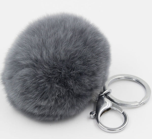 8CM Genuine rex Rabbit fur ball Silver color keychain cute Car key ring Bag Pendant fur pom fluffy key chains