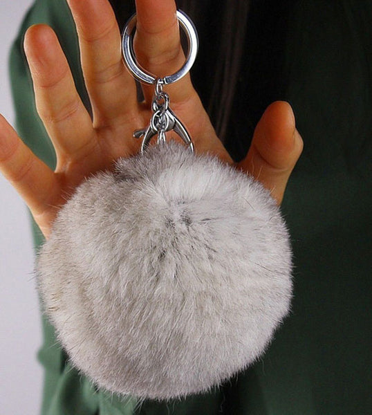 8CM Genuine rex Rabbit fur ball Silver color keychain cute Car key ring Bag Pendant fur pom fluffy key chains