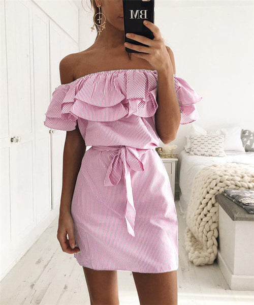 2017 New Summer Dresses Fashion Women Cute Casual Sexy Slash Neck Off Shoulder Ruffles Stripe Cotton Linen Mini Dress Vestidos