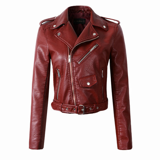 2017 New Fashion Women Wine Red Faux Leather Jackets Lady Bomber Motorcycle Cool Outerwear Coat with Belt Hot Sale