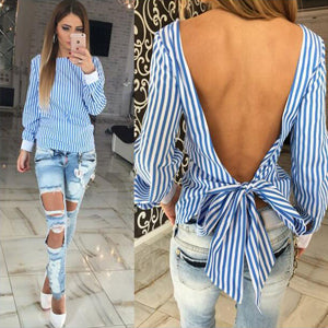 2017 Pink Striped Blusas Shirts Women Bowknot Backless Long Sleeve Sexy Blouse Women Bandage Shirts Plus Size Summer Tops M0132