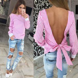 2017 Pink Striped Blusas Shirts Women Bowknot Backless Long Sleeve Sexy Blouse Women Bandage Shirts Plus Size Summer Tops M0132