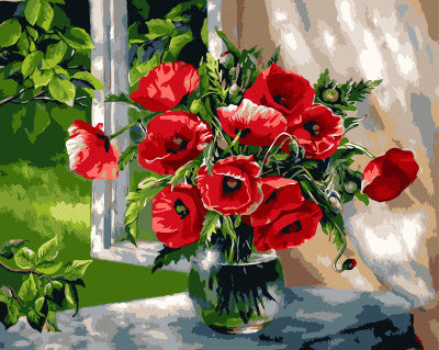 Diy oil painting by numbers adult painting calligraphy by number oil paint acrylic decorative canvas Window sill poppy flower