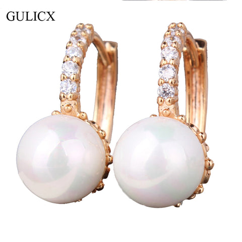 GULICX Fashion Round Ball Crystal Zirconia Jewelry Gold-color Hoop Earrings White/Gray Pearl Wedding Earring for Women E137