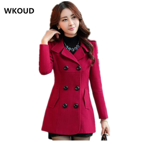 WKOUD Women Woolen Coats Winter Trench Coat Fashion Solid Double Breasted Overcoat Turn-down Collar Slim Outerwear C8103