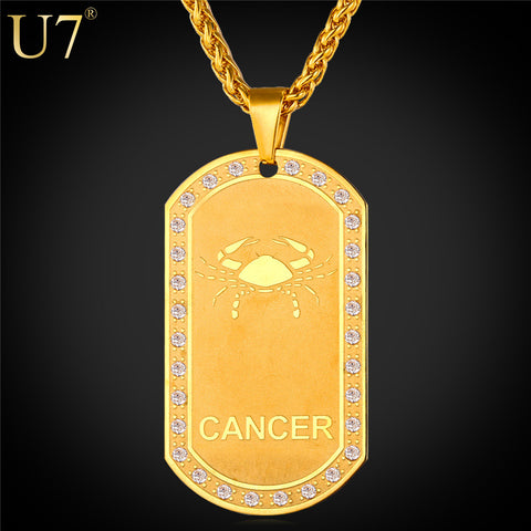 U7 Stainless Steel 12 Zodiac Signs Necklace For Men/Women Dog Tags Birthday Gift Gold Color Amulet Cancer Constellations P693